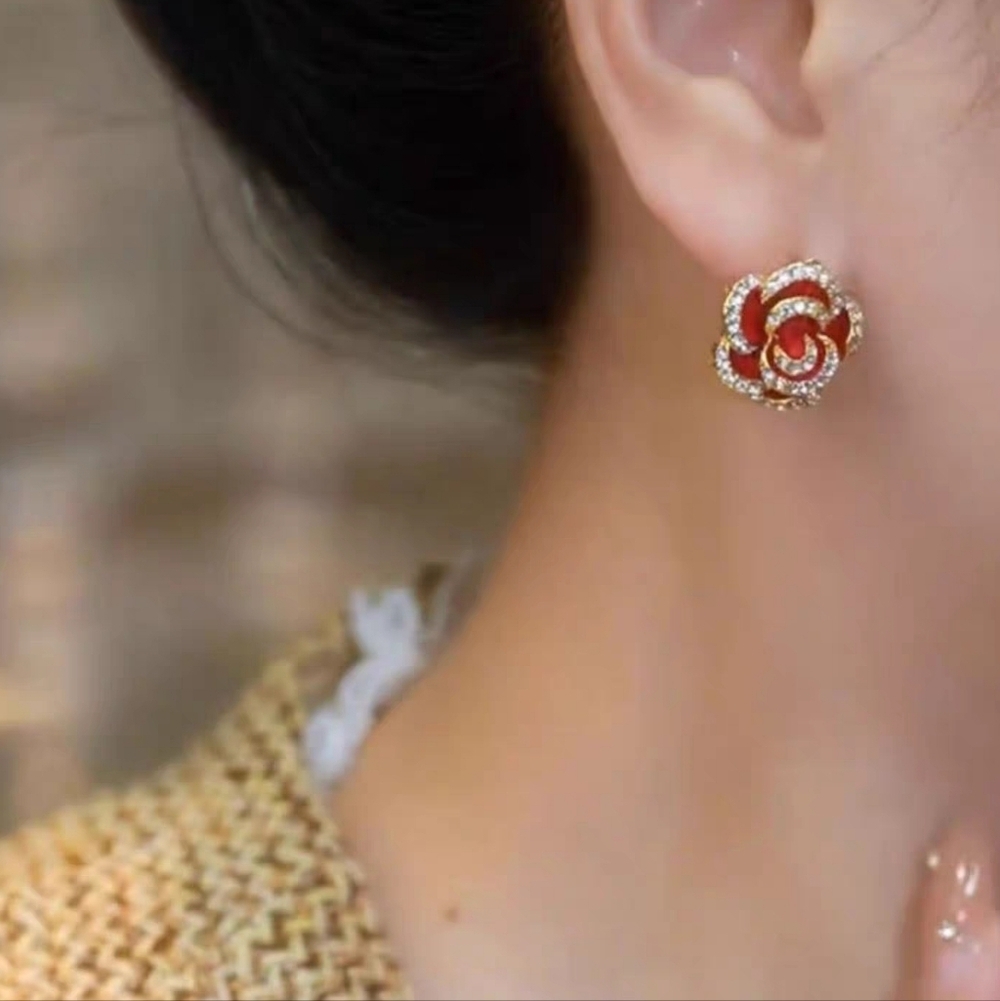 Red Enamel Rose Stud Earrings Crystal Accent Floral Glamour Gift
